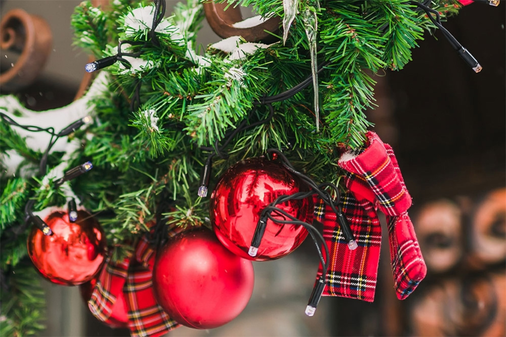 Stylish Christmas fir branches with red and gold baubles 