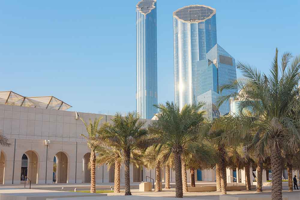 Qasr Al Hosn with background of Abu Dhabi skyscrapers