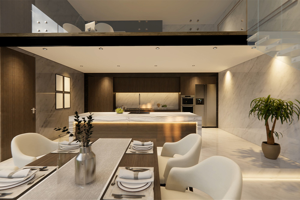 Interior house modern open living space with kitchen 