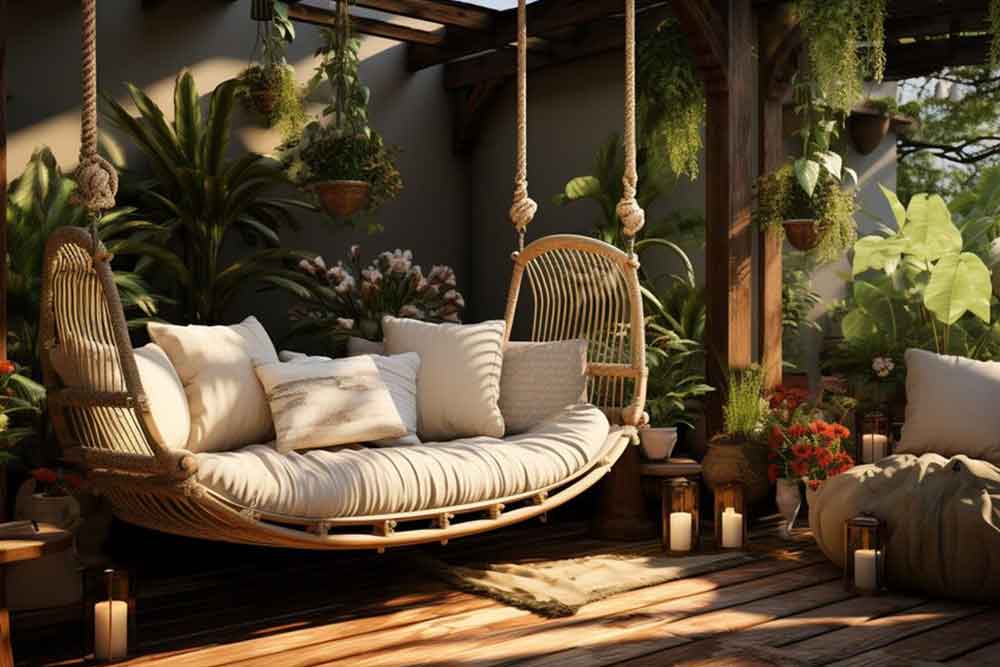 Comfortable home garden decor with wooden furniture and green plants 