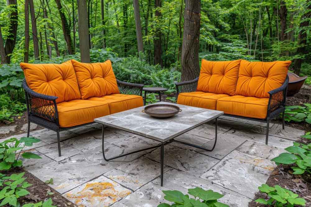 Outdoor garden with orange seats