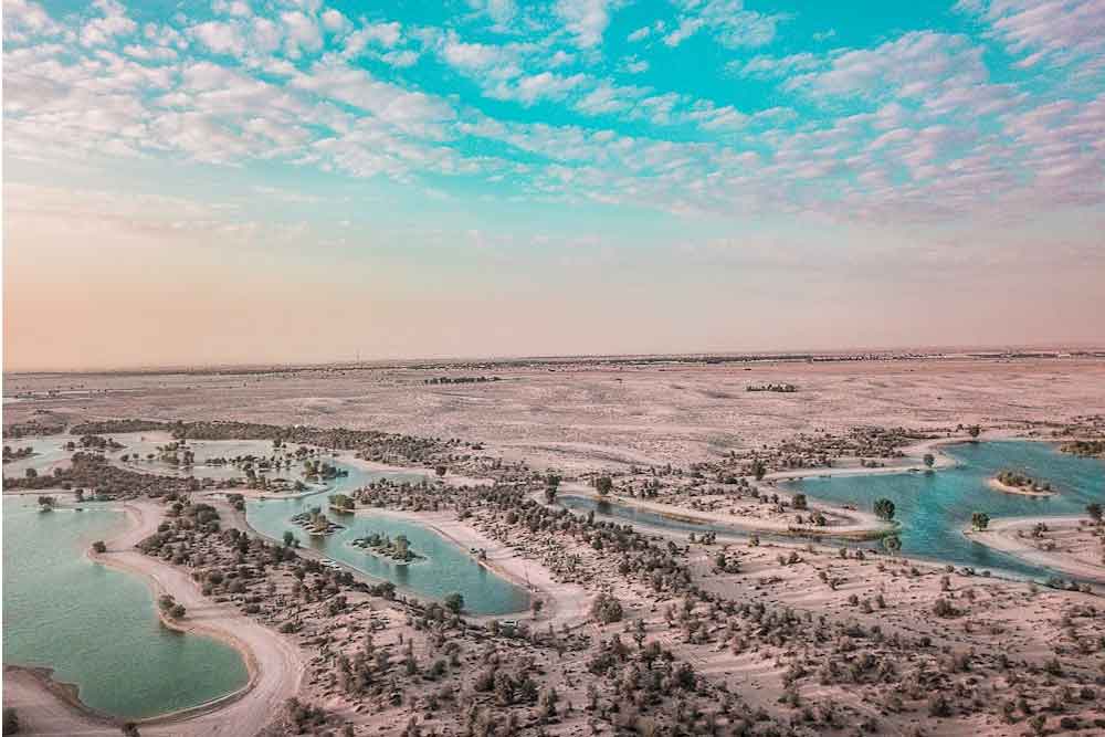 An aerial view of Al Qudra Lake for camping