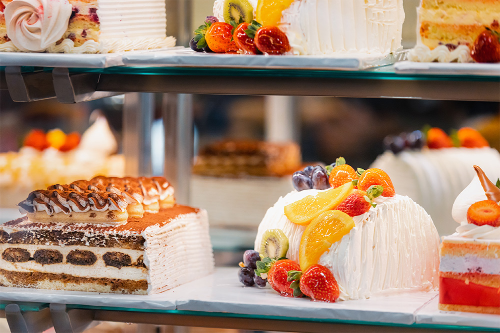 yummy assortment of baked pastry in the bakery. 