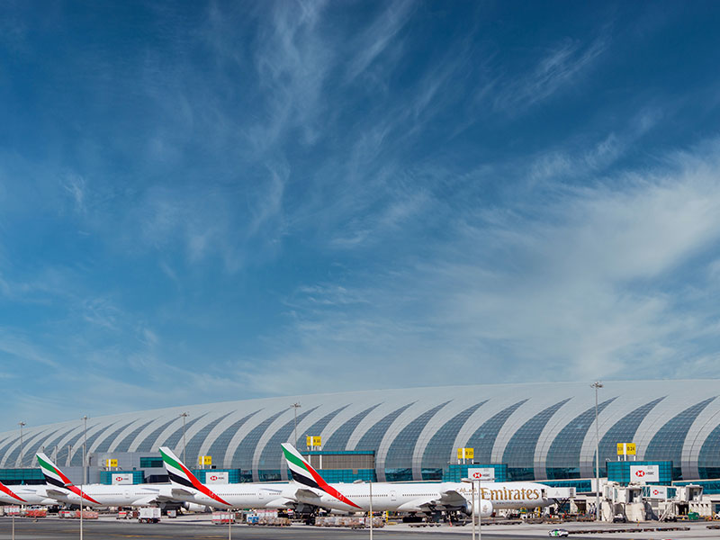 Fly Emirates plane in the airport 