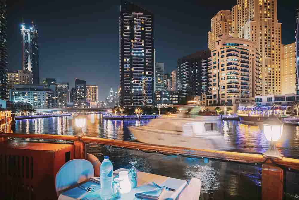 Open air fine dining in Dubai with a view of burj khalifa