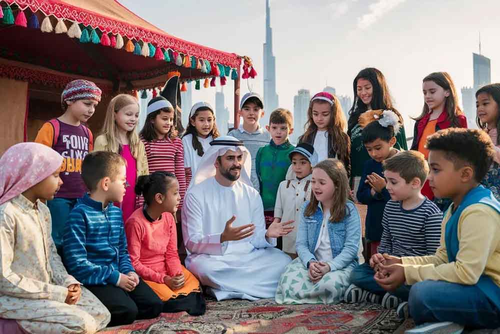 children with an elder in a Dubai neighbourhood