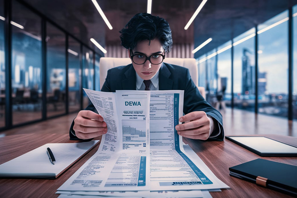 A person with spectacles reading his DEWA bill