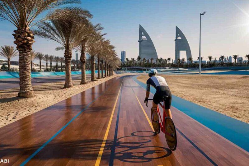 A man cycling on a track alongside a beach 