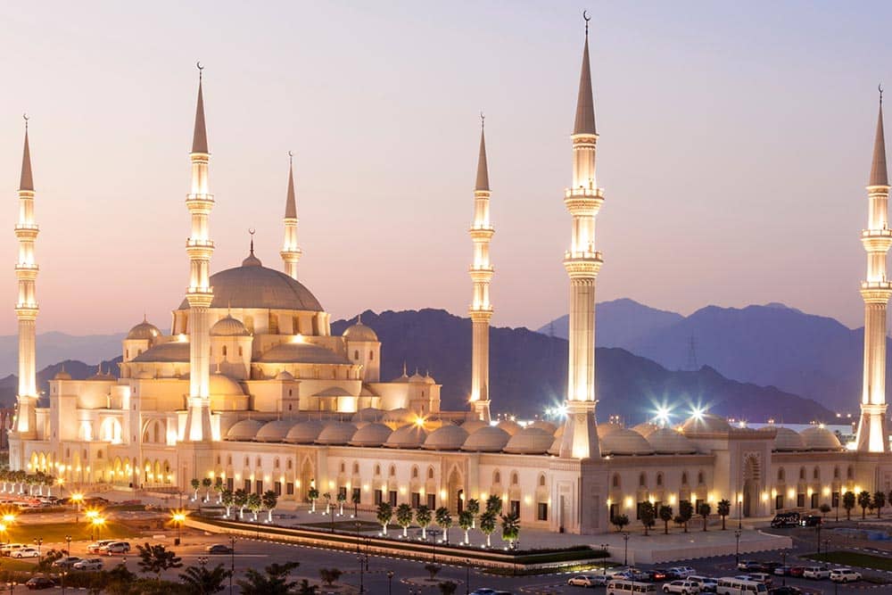 Lightened mosque at dusk.