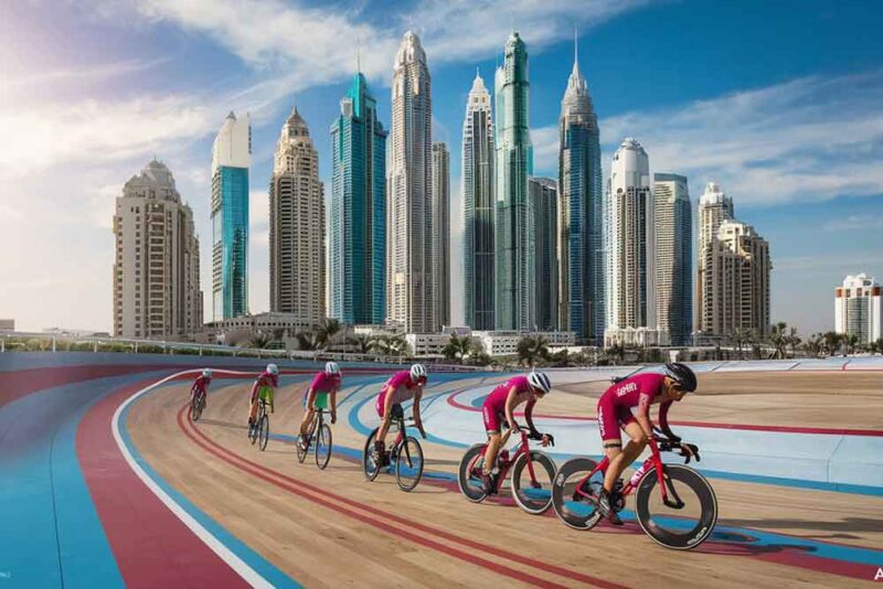 A group of people cycling on a track with Abu Dhabi’s skyline at the back.