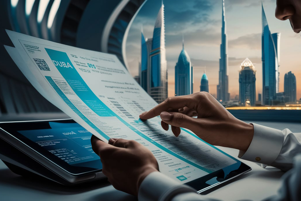  A person reading a DEWA bill with Dubai’s skyline in the background 