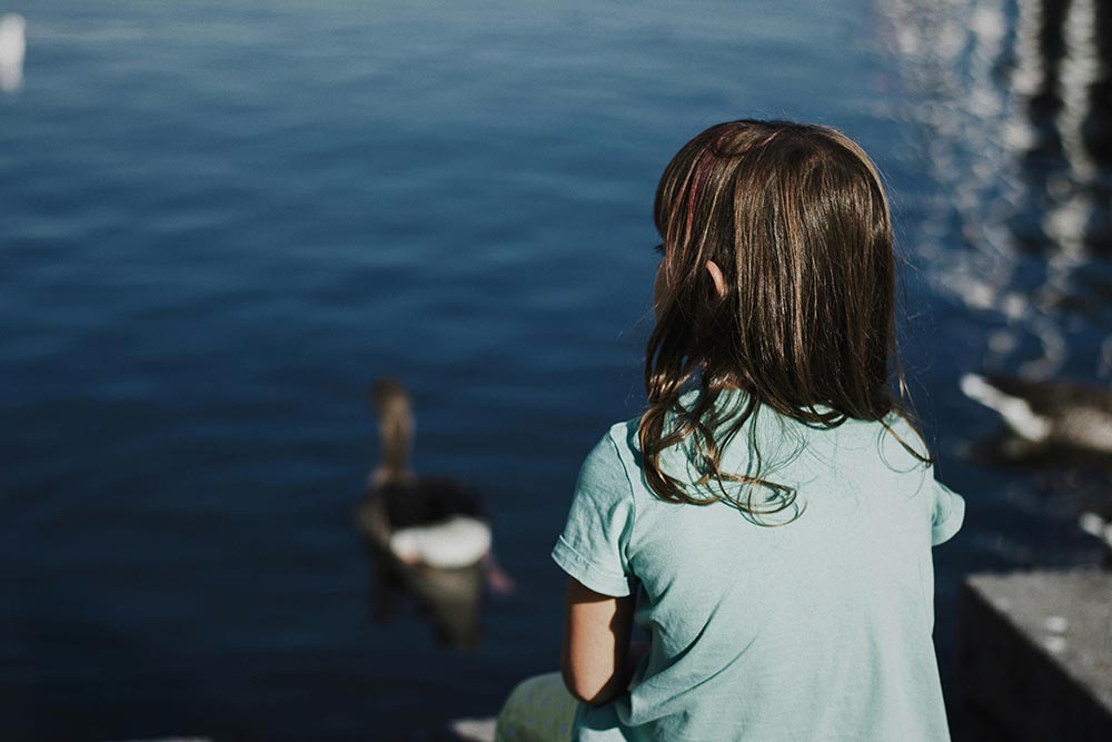 Girl viewing swans in swan lake