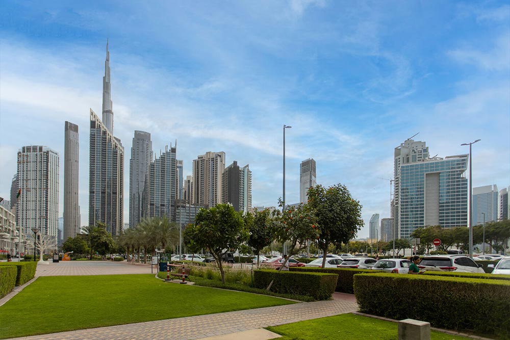 Garden with the Dubai skyline view 