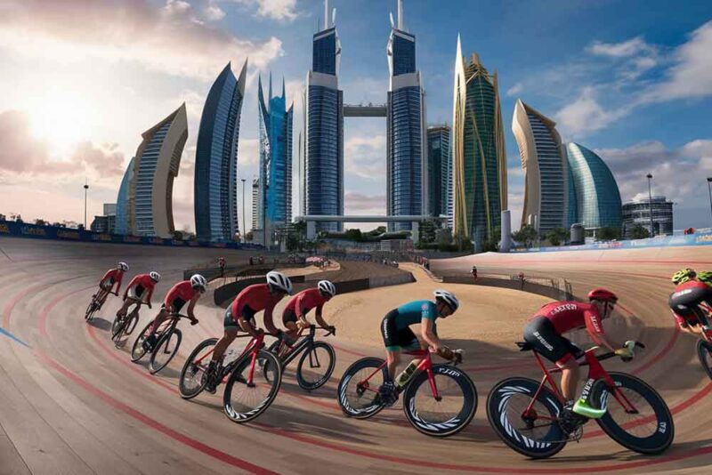  A group of people cycling on a track with Abu Dhabi’s skyline at the back.