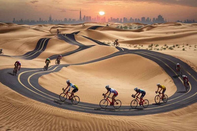 A group of people cycling on a track in the middle of a desert 