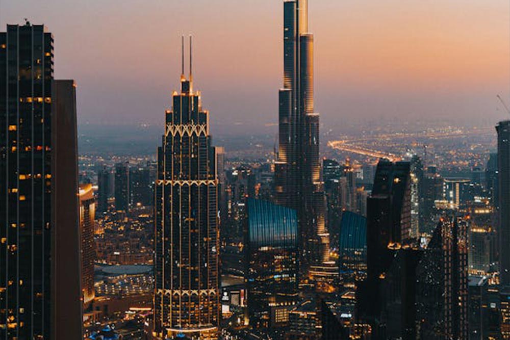 Night view of the Dubai skyline buildings