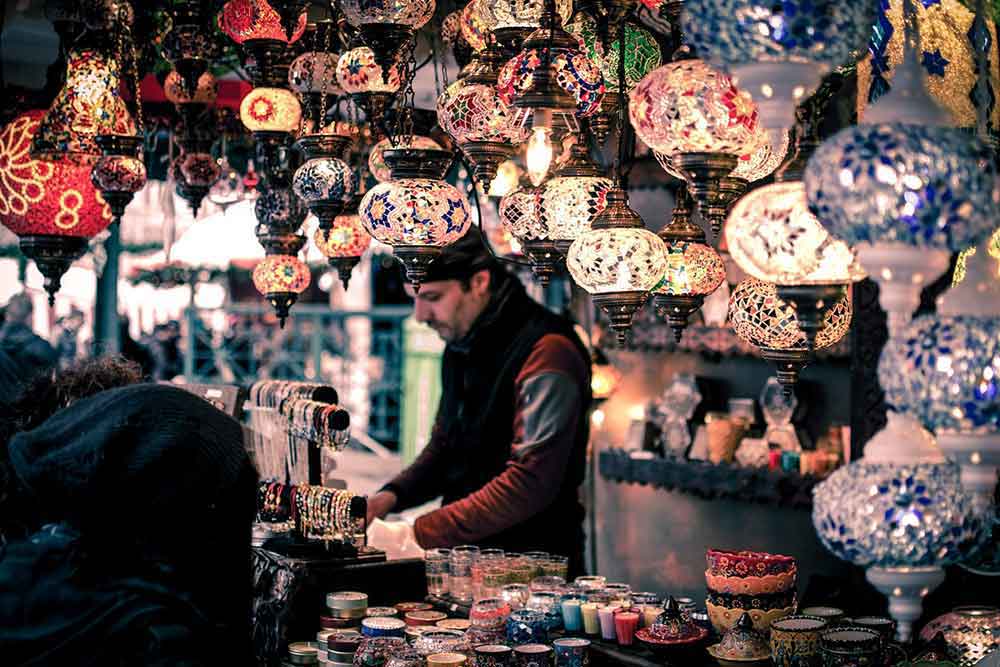 A collection of Turkish lamps nicely hung and decorated.