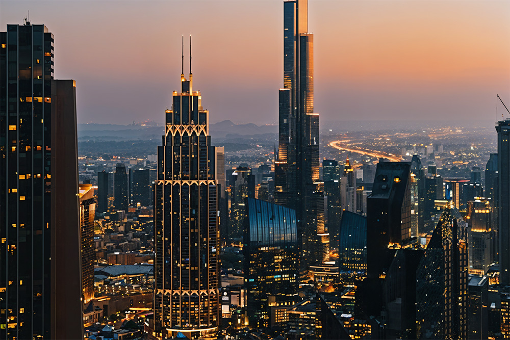 Night view of the Dubai skyline buildings