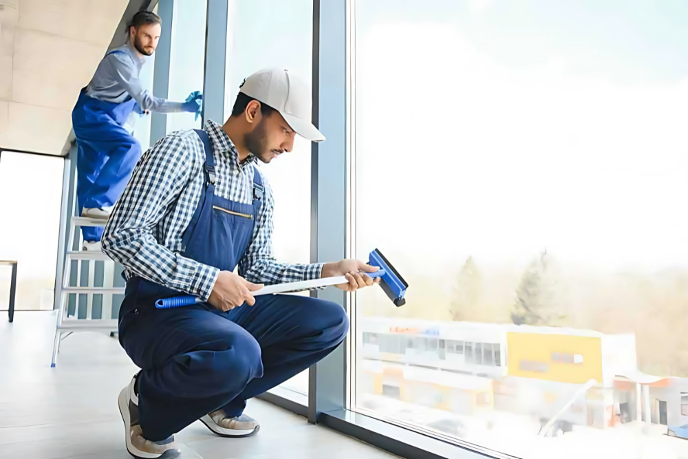  A professional staff cleaning the windows of residence