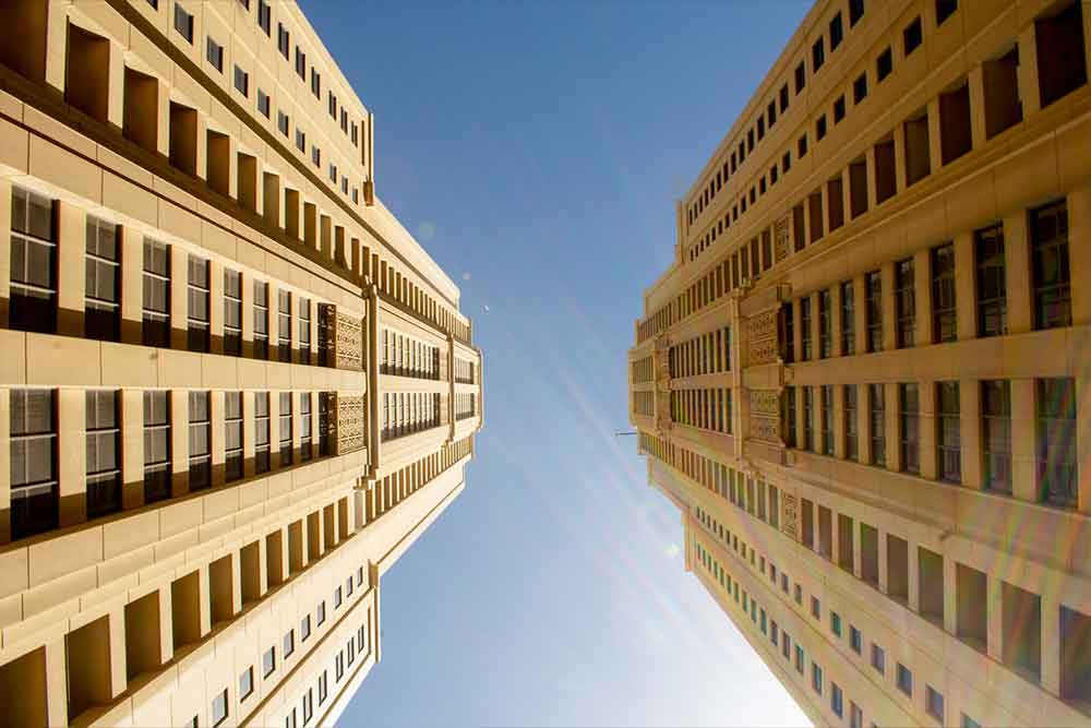 High-rise buildings with new energy-efficient windows as part of a retrofit project