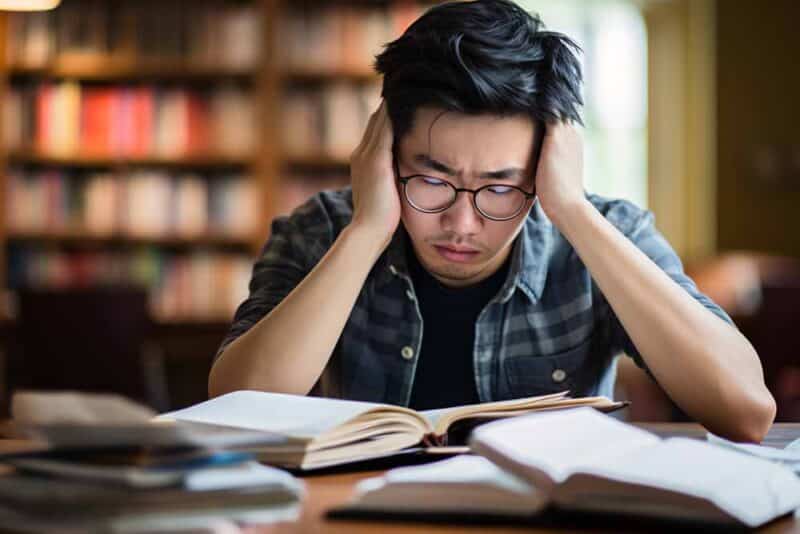 Boy studying in library