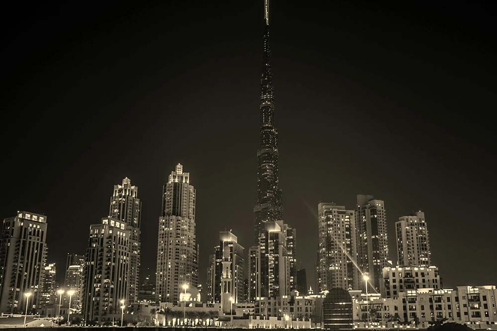 a clear night view of Dubai skyline
