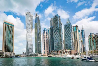 Dubai skyline with the iconic glass towers