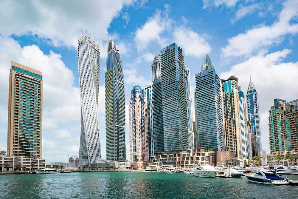 Dubai skyline with the iconic glass towers 