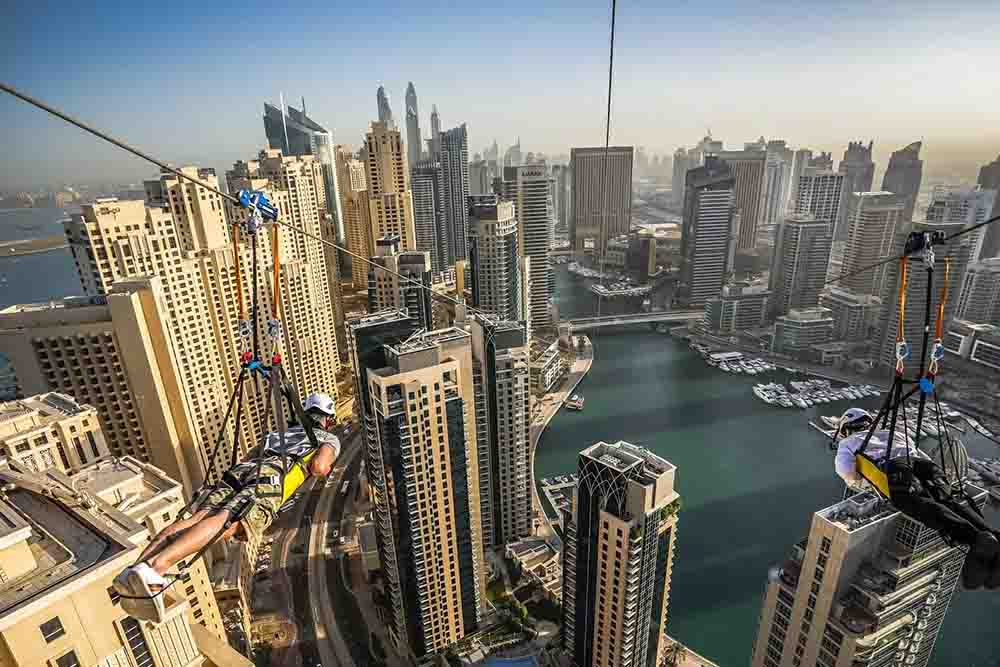 Aerial view of Dubai zipline and buildings