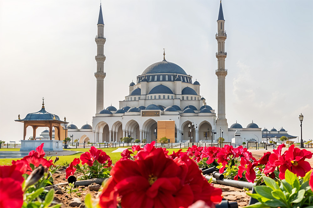 Image of a mosque with blue minarets 