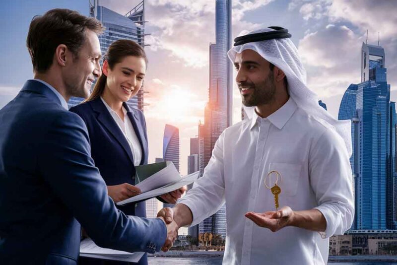 An Arabic man shaking hands with a man in a suit standing next to a woman with files and documents