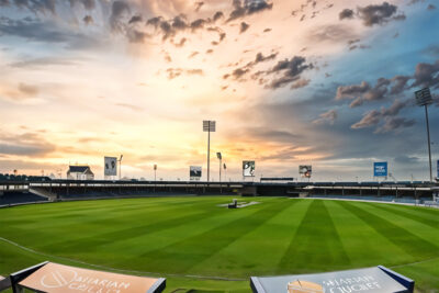 A sunset image of Sharjah Cricket Stadium