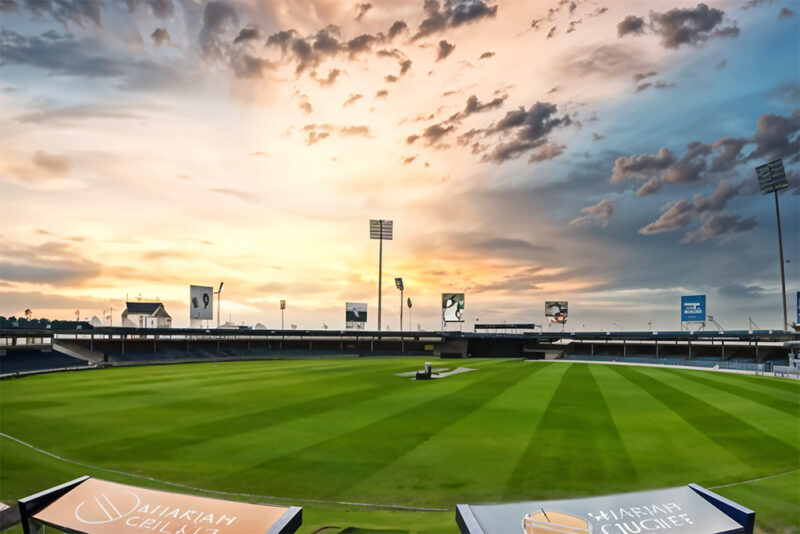 A sunset image of Sharjah Cricket Stadium