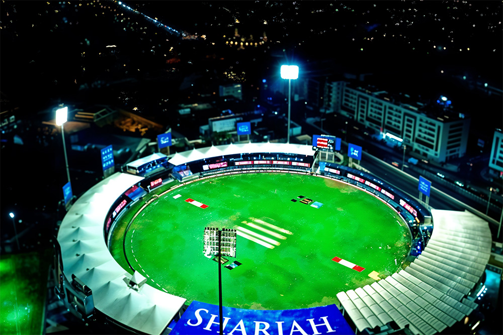 Night view of a cricket stadium 