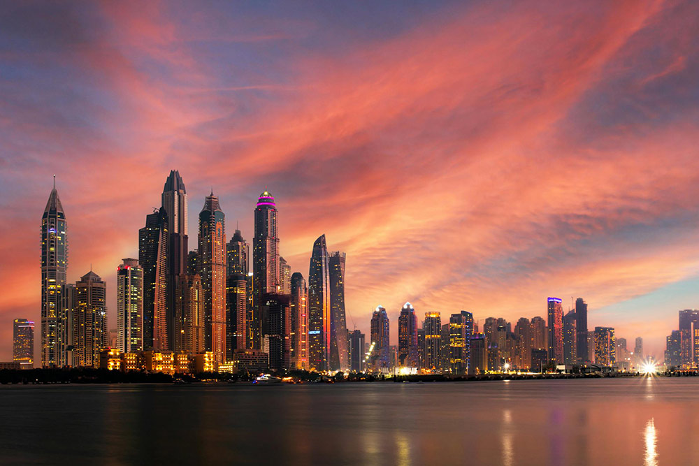 Amazing Dubai Marina Skyline at Sunset, United Arab Emirates 