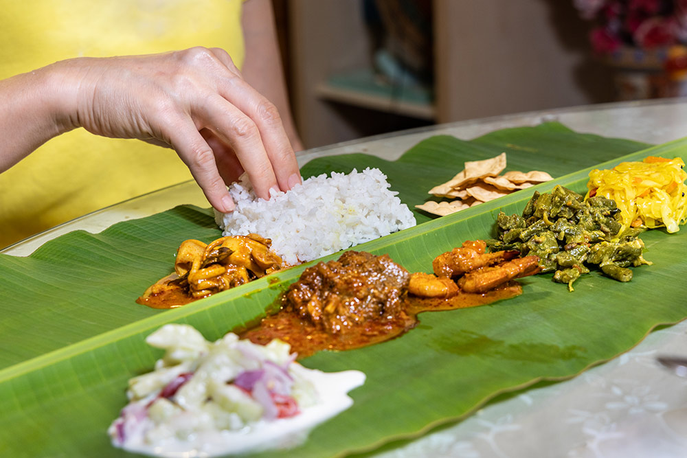 Kerala food served on a big leaf at restaurants 