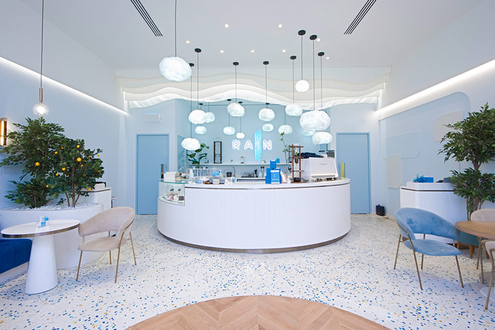 Cafe with white and blue interior