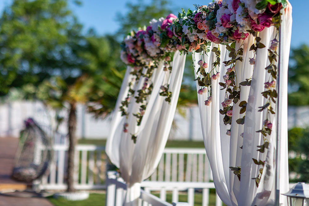 A curtain decorated with flowers