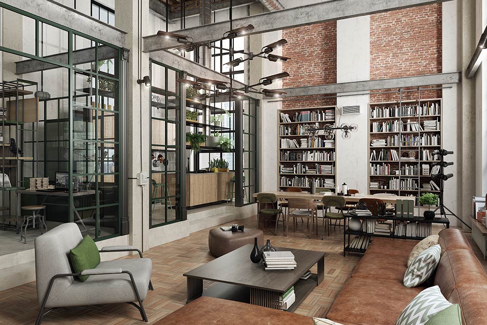 Spacious industrial loft living room 