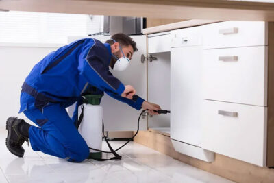 A person in blue uniform doing pest control inside the cabinet