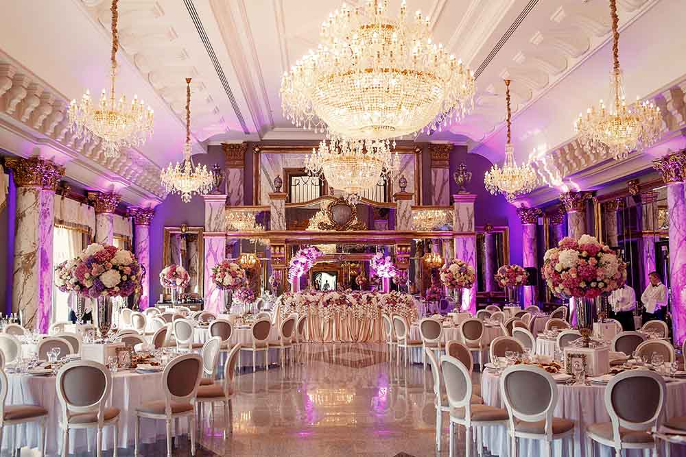 Luxurious banquet hall with large chandelier 