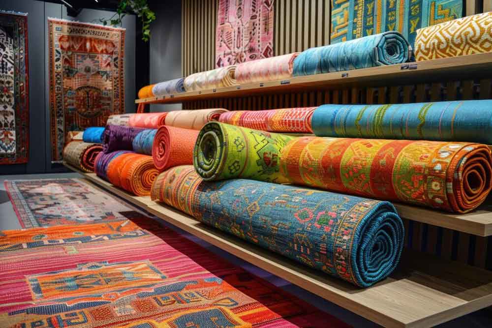 Colorful Carpets on Display Rolled Up in a Decor Store 