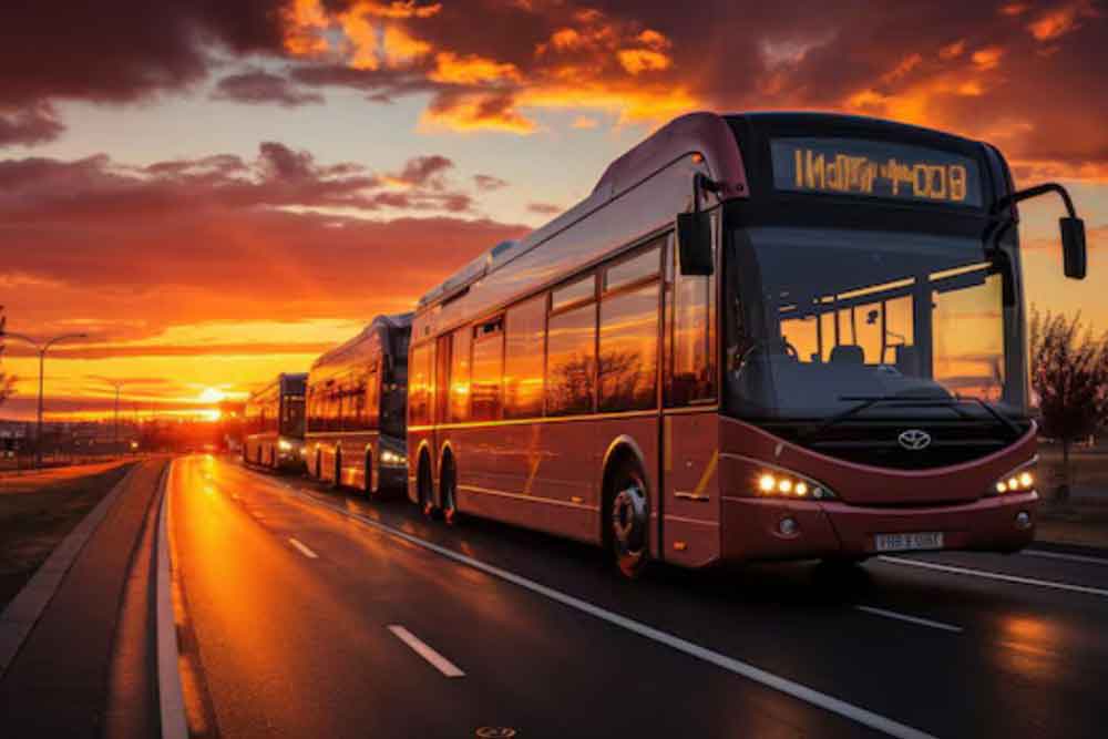 Group of moving buses 