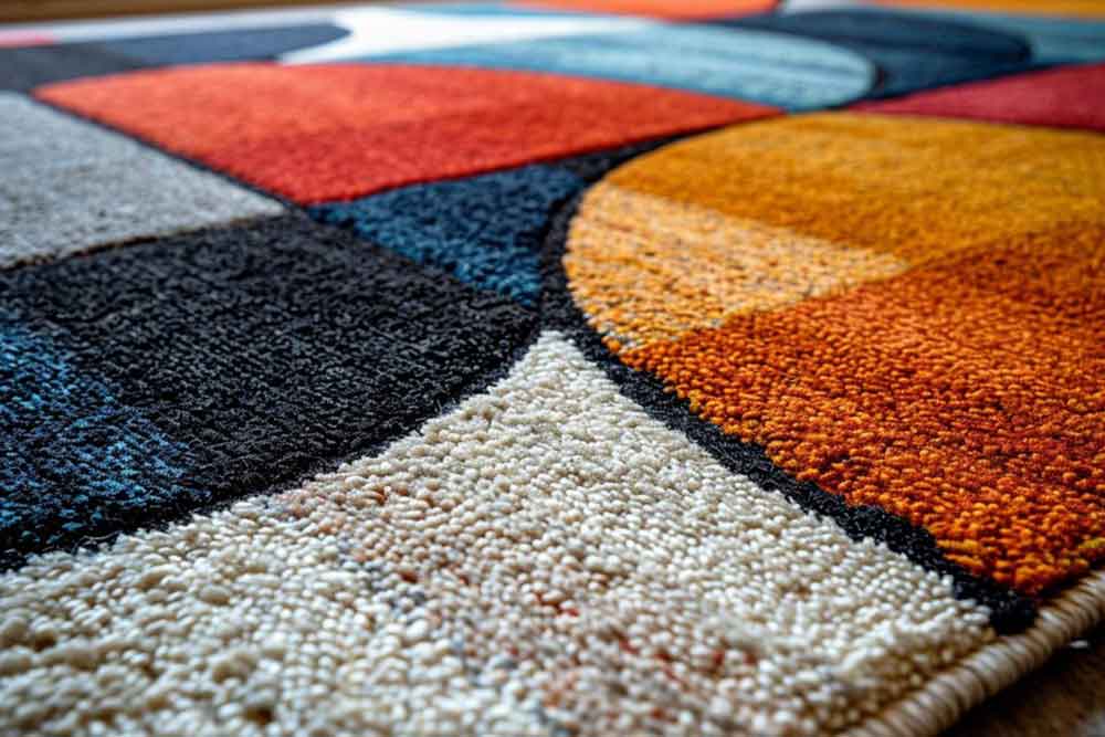 A closeup of a modern rug with asymmetrical patterns