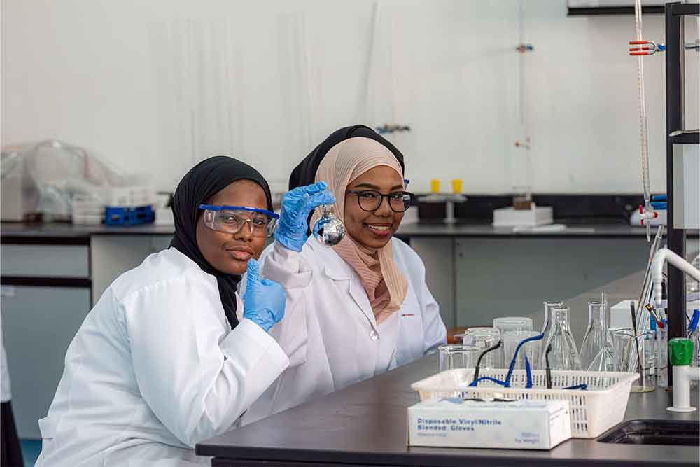 Pharmacy students working in lab