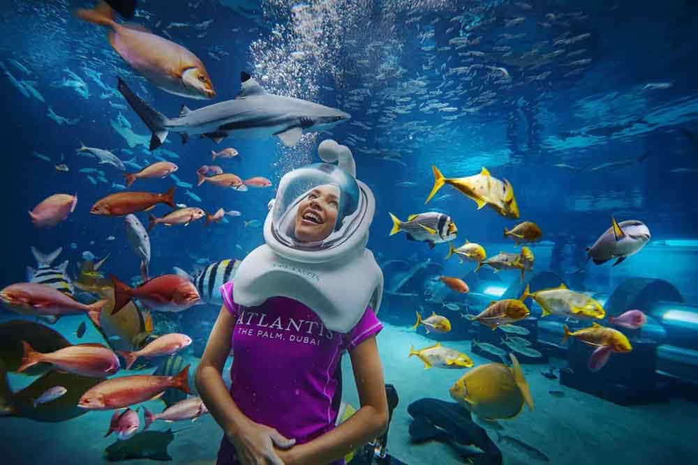 woman in awe of sharks and fish at lost chambers aquarium