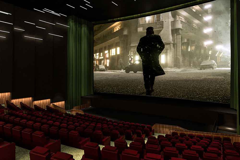 Movie theatre with red seats 