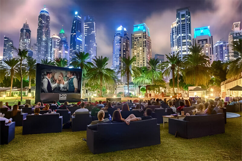 Outdoor cinema in Dubai with the skyline in the background