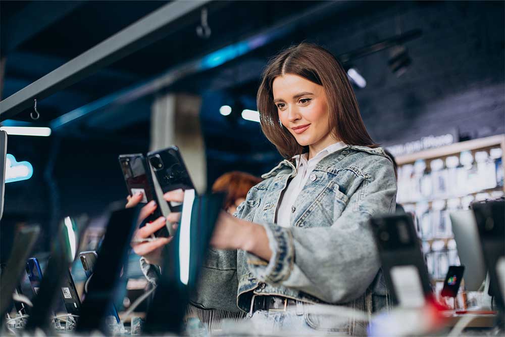 Women choosing phone from the store