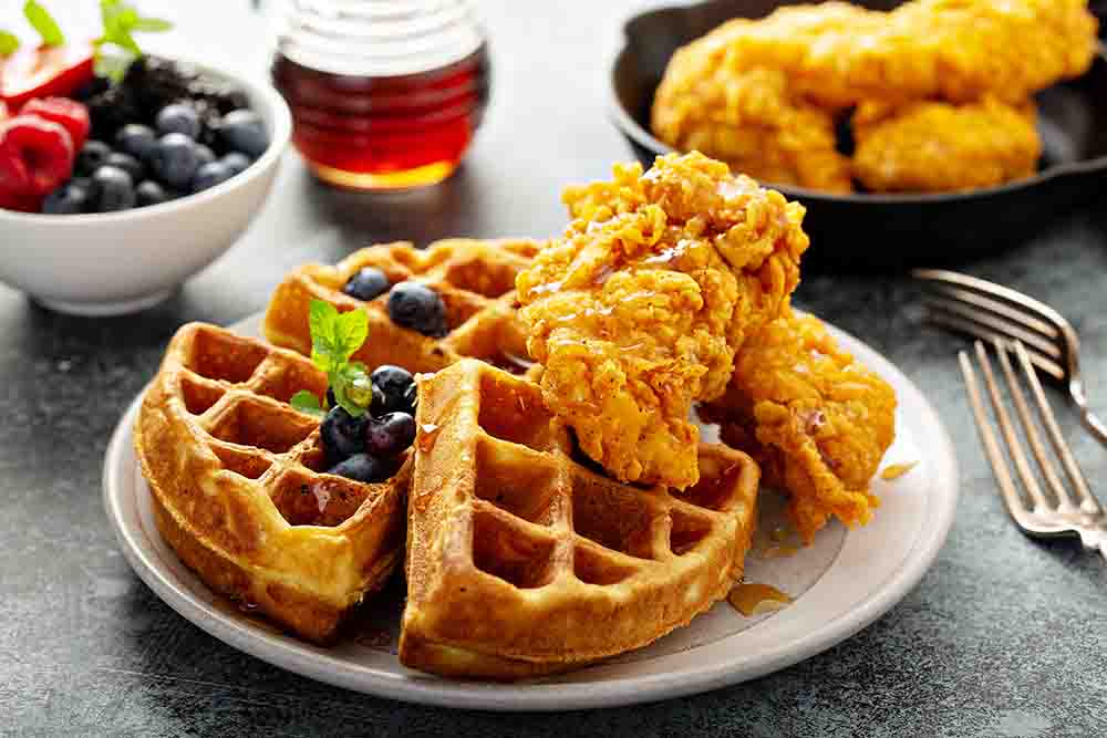 Waffles with fried chicken and maple syrup 